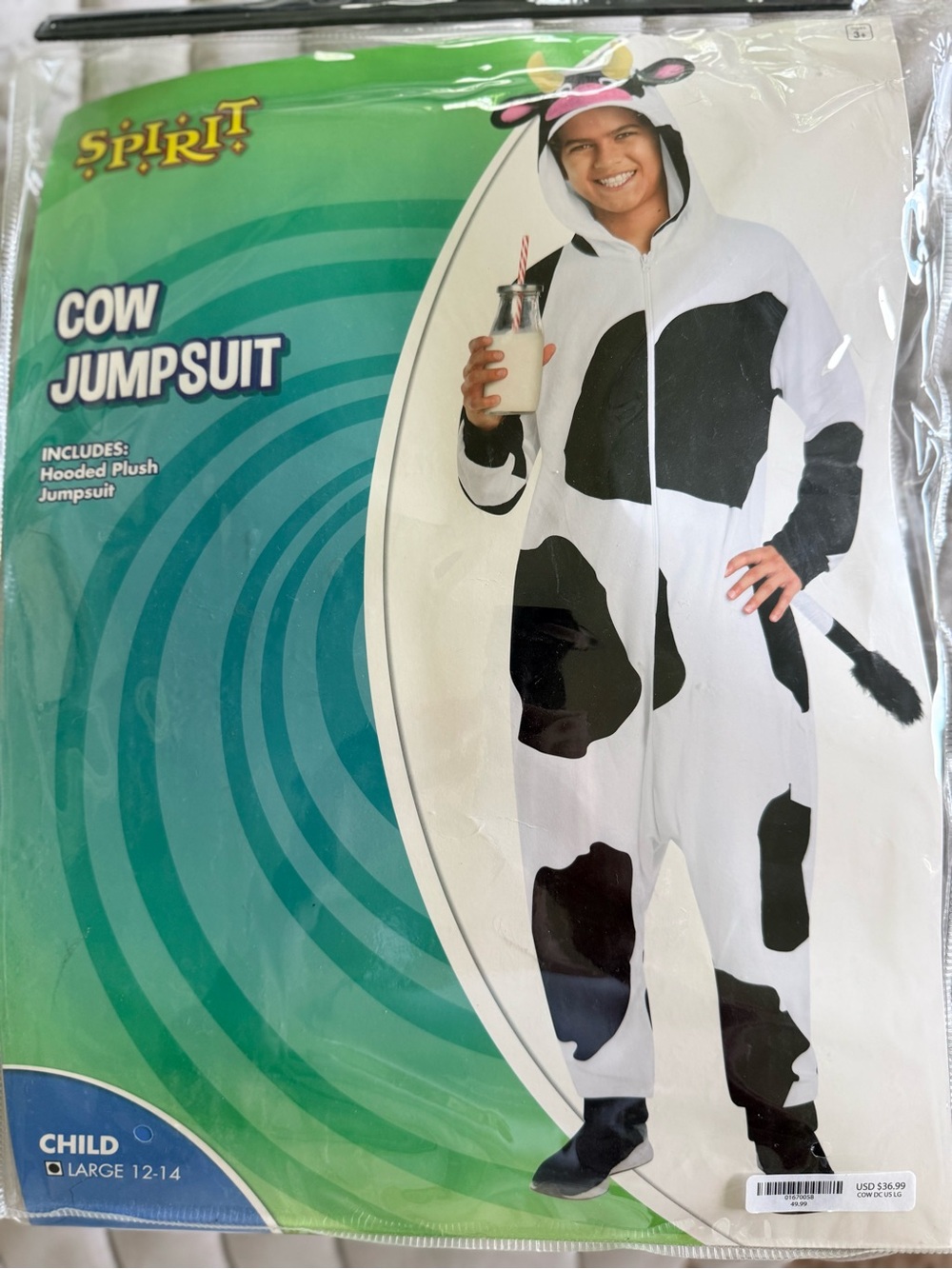 Spirit Kids Cow Hooded Plush Jumpsuit - White & Black